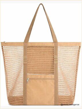 Women's Mesh Beach Bag, Lightweight Travel Tote, Zippered Pool Bag, 14x7x14